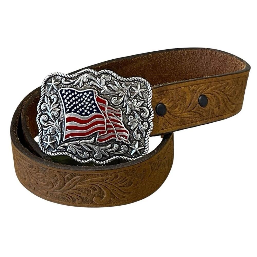 Justin Floral Tooled Leather Kids Belt American Buckle Brown Size -24 USA Flag